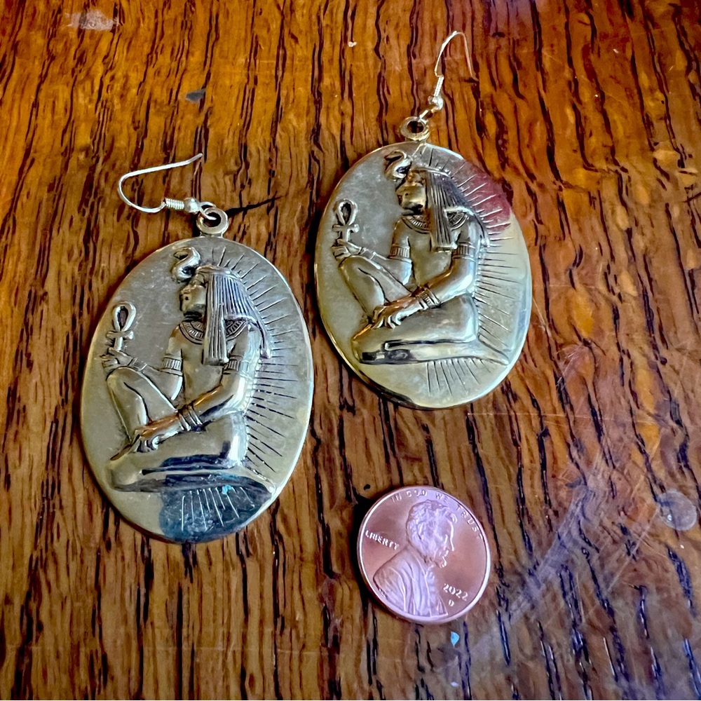 Big Bold Bronze Vintage Oval Egyptian Pharaoh Earrings